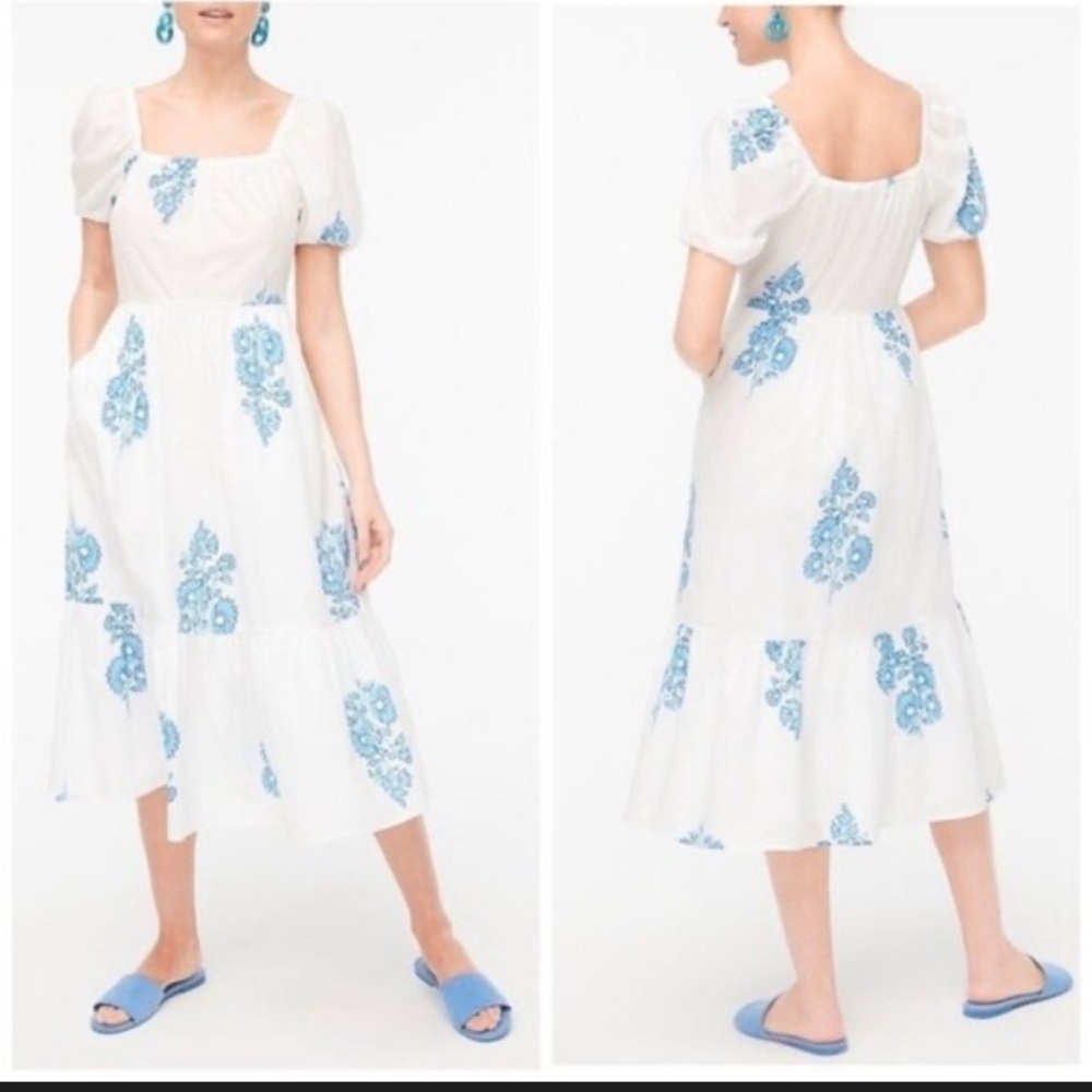 J.Crew White Blue Floral Puff-Sleeve Tiered Midi Dress spring $158 party classic